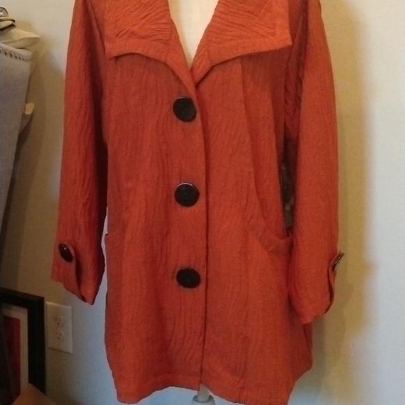Sz L - Ali Miles NWT Rust high collar jacket w/rippled pattern. Big buttons - Picture 2 of 5